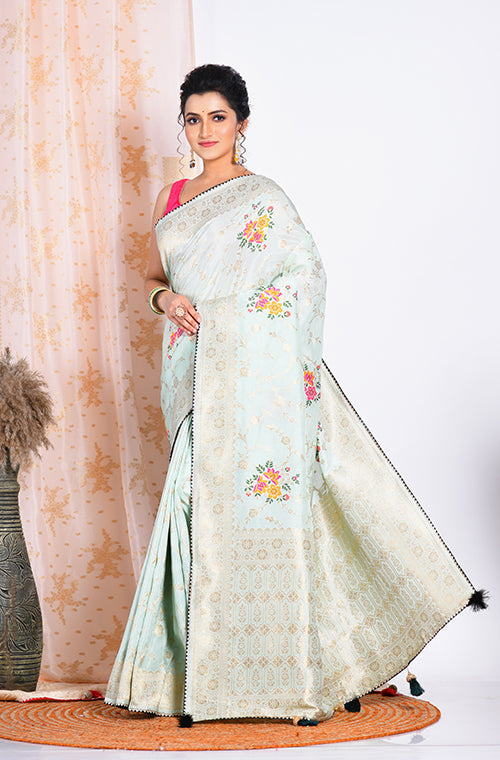 Morchari Pure Russian Silk Saree - Green | Grocsy