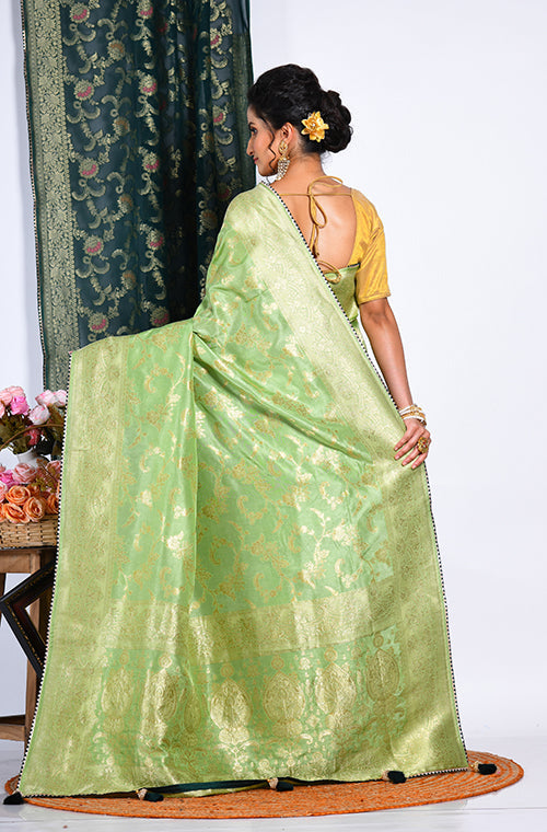Morchari Pure Russian Silk Saree - Green | Grocsy