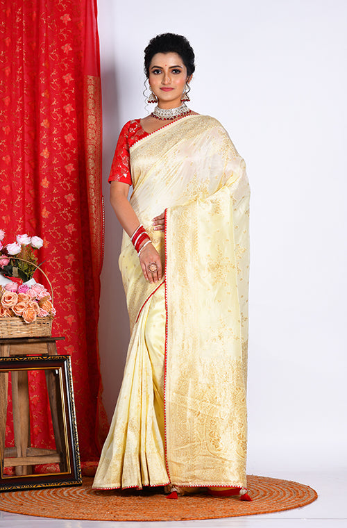 Morchari Pure Russian Silk Saree - Light Yellow | Grocsy