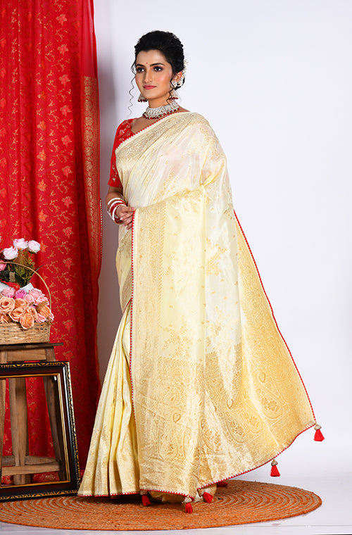 Morchari Pure Russian Silk Saree - Light Yellow | Grocsy