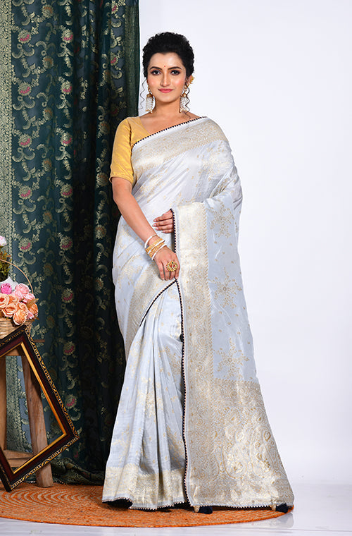 Morchari Pure Russian Silk Saree - Grey | Grocsy
