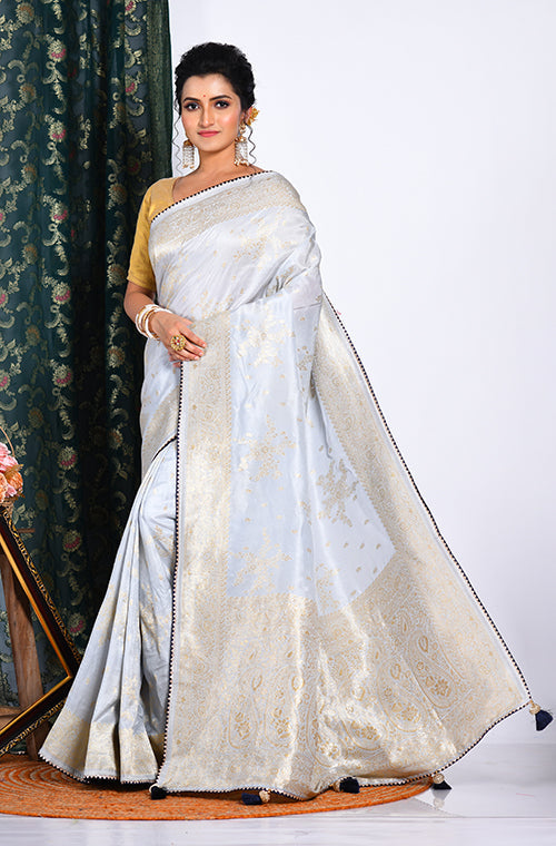 Morchari Pure Russian Silk Saree - Grey | Grocsy