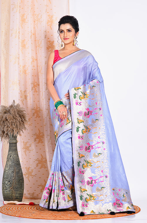 Morchari Pure Russian Silk Saree - Light Blue | Grocsy