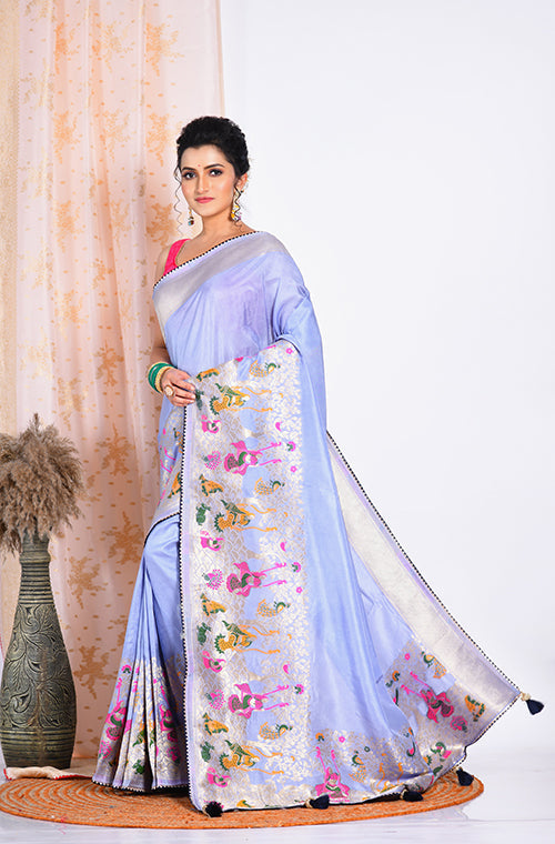 Morchari Pure Russian Silk Saree - Light Blue | Grocsy