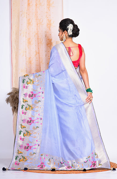 Morchari Pure Russian Silk Saree - Light Blue | Grocsy