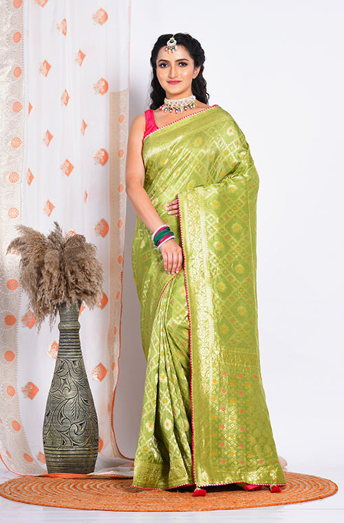 Morchari Pure Russian Silk Saree - Green | Grocsy