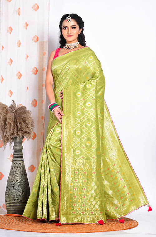 Morchari Pure Russian Silk Saree - Green | Grocsy