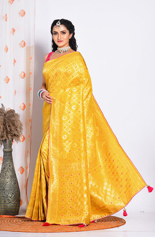 Morchari Pure Russian Silk Saree - Yellow | Grocsy