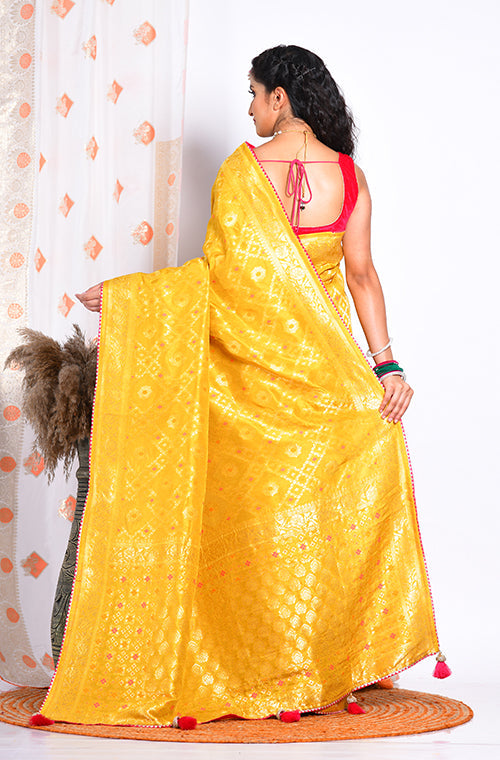 Morchari Pure Russian Silk Saree - Yellow | Grocsy
