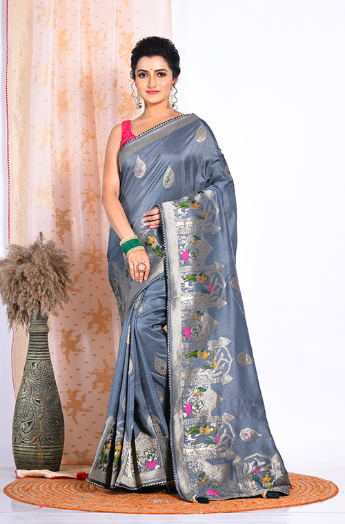 Morchari Pure Russian Silk Saree - Grey | Grocsy
