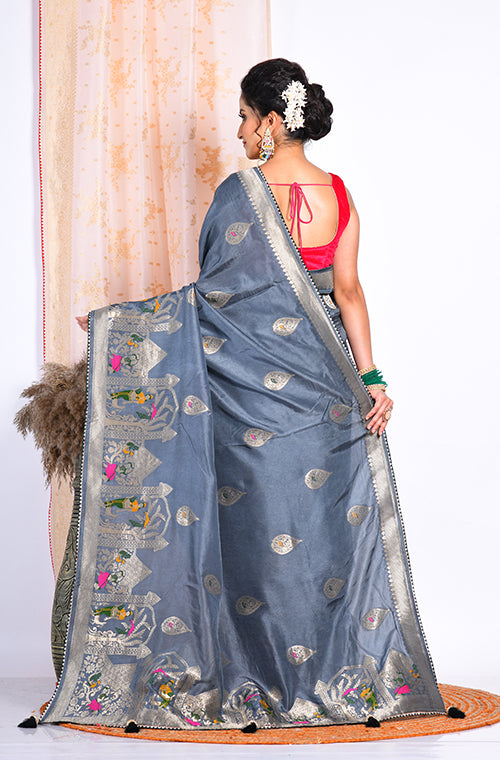 Morchari Pure Russian Silk Saree - Grey | Grocsy