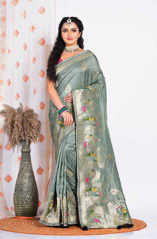 Morchari Pure Russian Silk Saree - Green | Grocsy