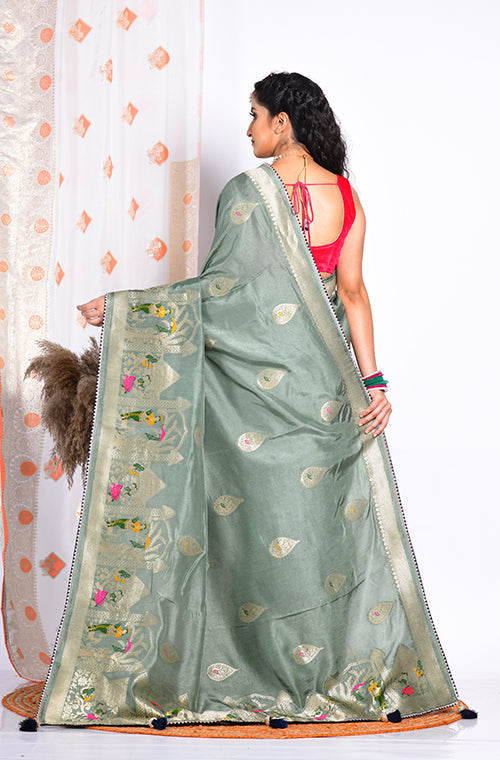 Morchari Pure Russian Silk Saree - Green | Grocsy