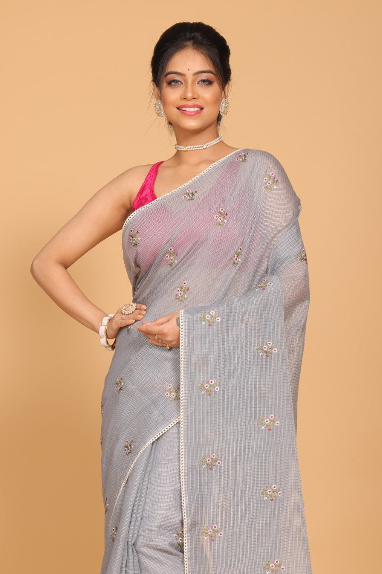 Morchari Kota Embroidery Saree - Grey | Grocsy