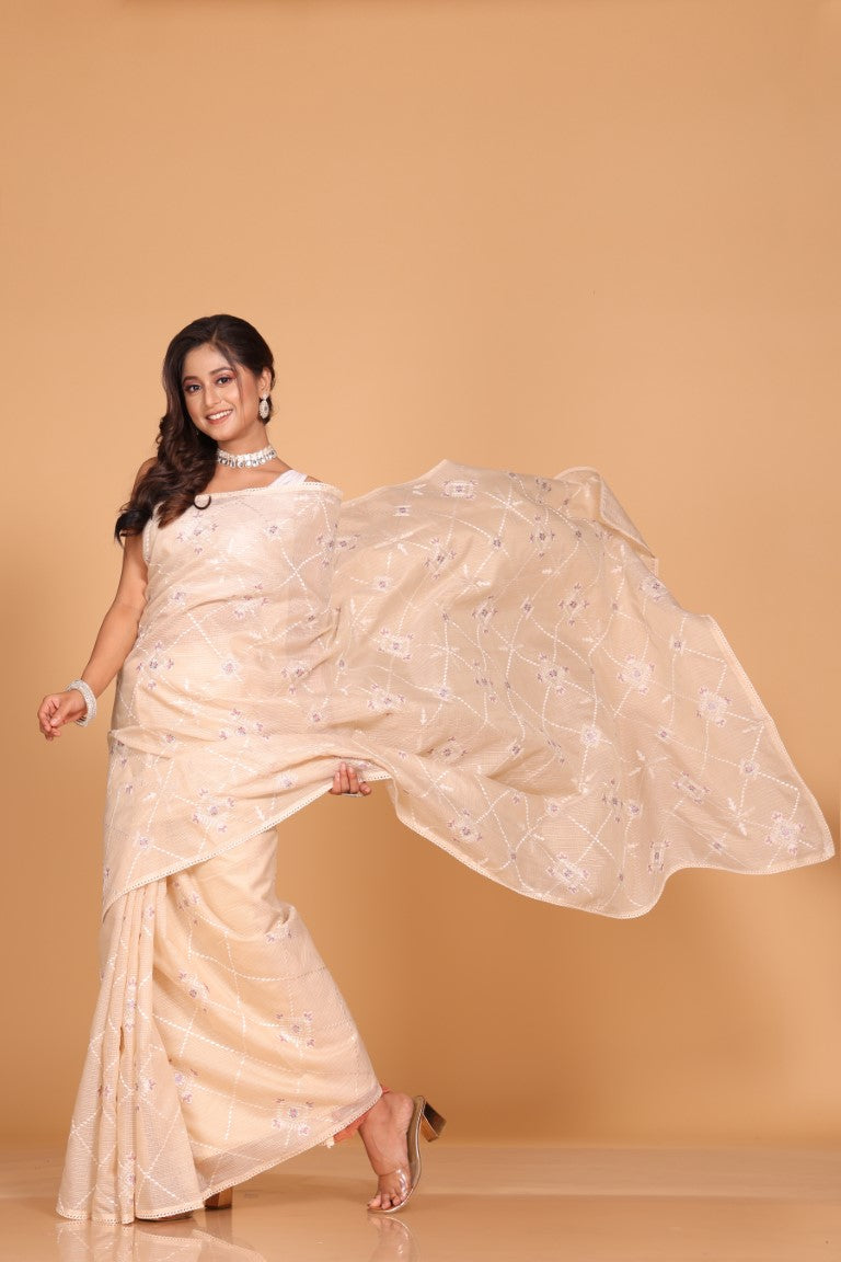Morchari Kota Embroidery Saree - Beige | Grocsy