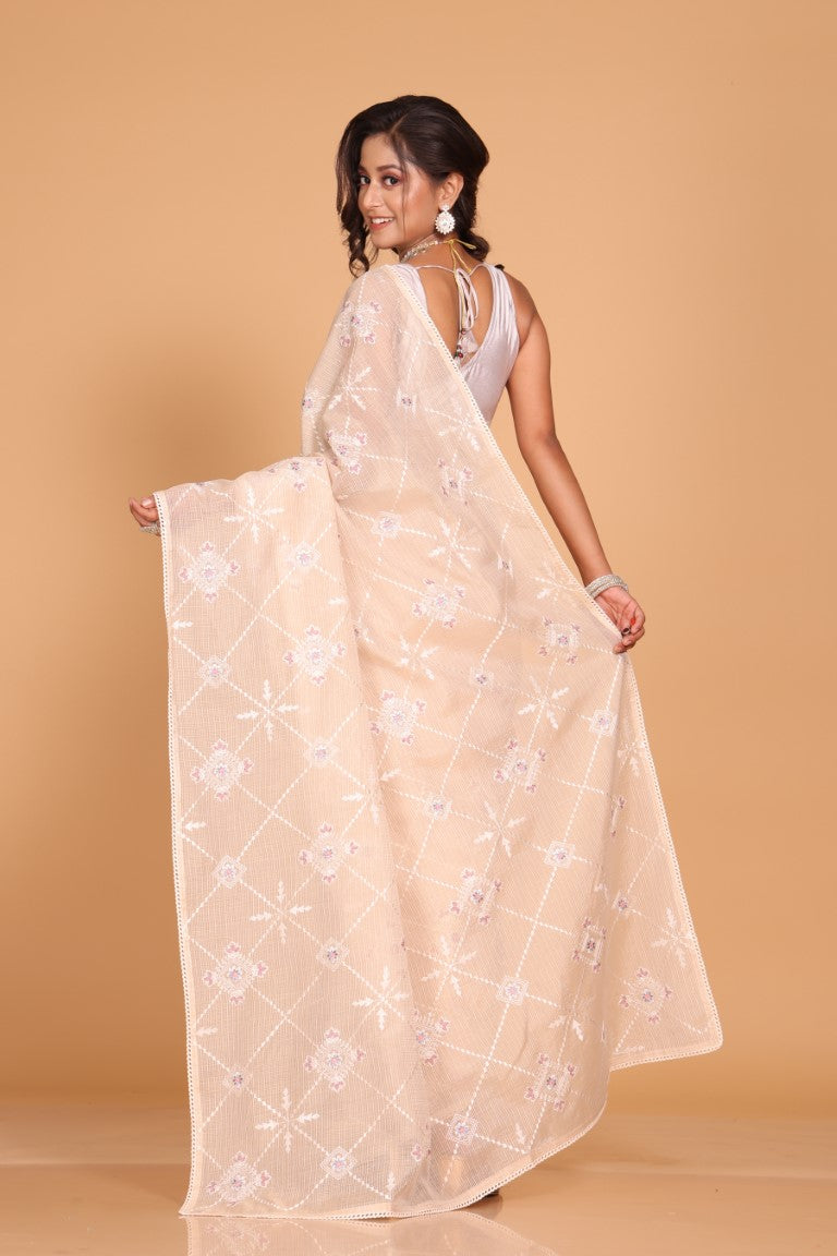 Morchari Kota Embroidery Saree - Beige | Grocsy