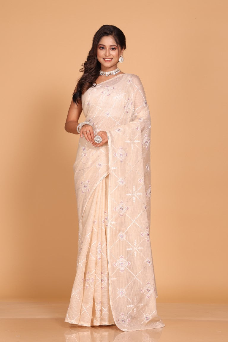 Morchari Kota Embroidery Saree - Beige | Grocsy