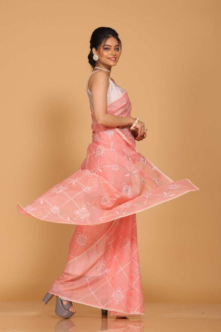 Morchari Kota Embroidery Saree - Peach | Grocsy