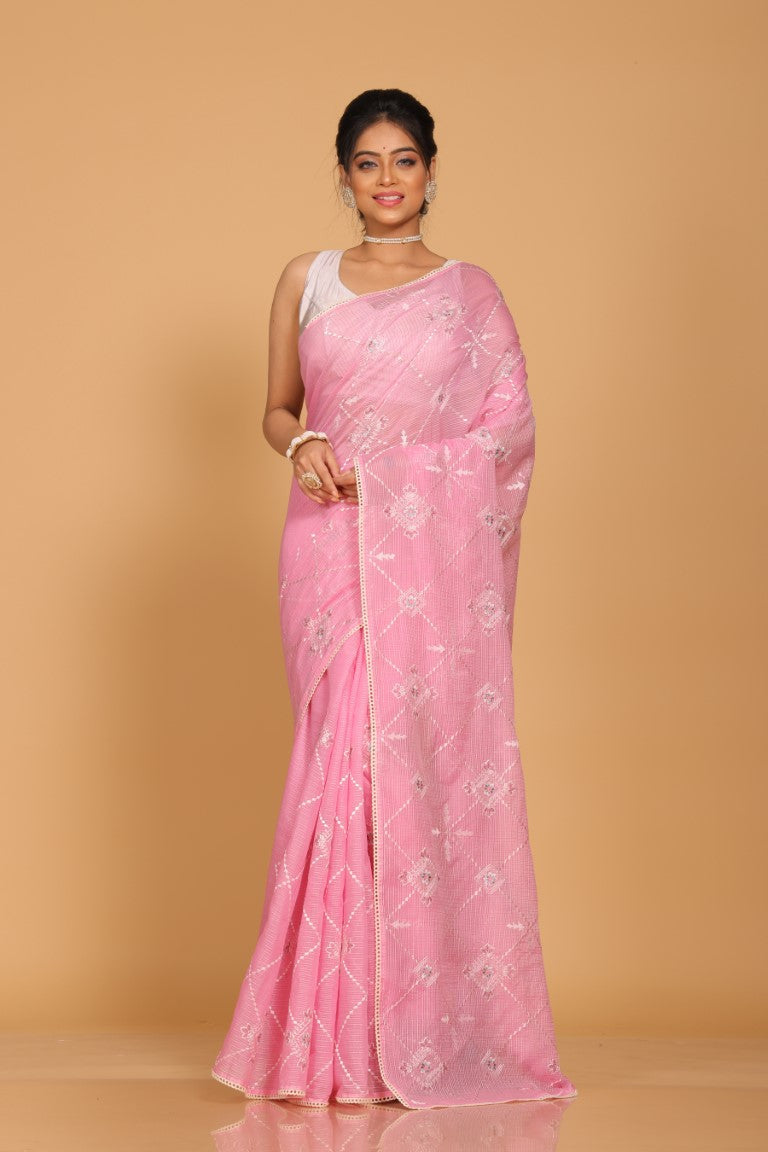 Morchari Kota Embroidery Saree - Pink | Grocsy