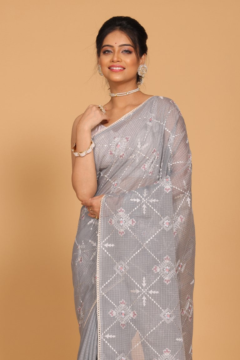 Morchari Kota Embroidery Saree - Grey | Grocsy