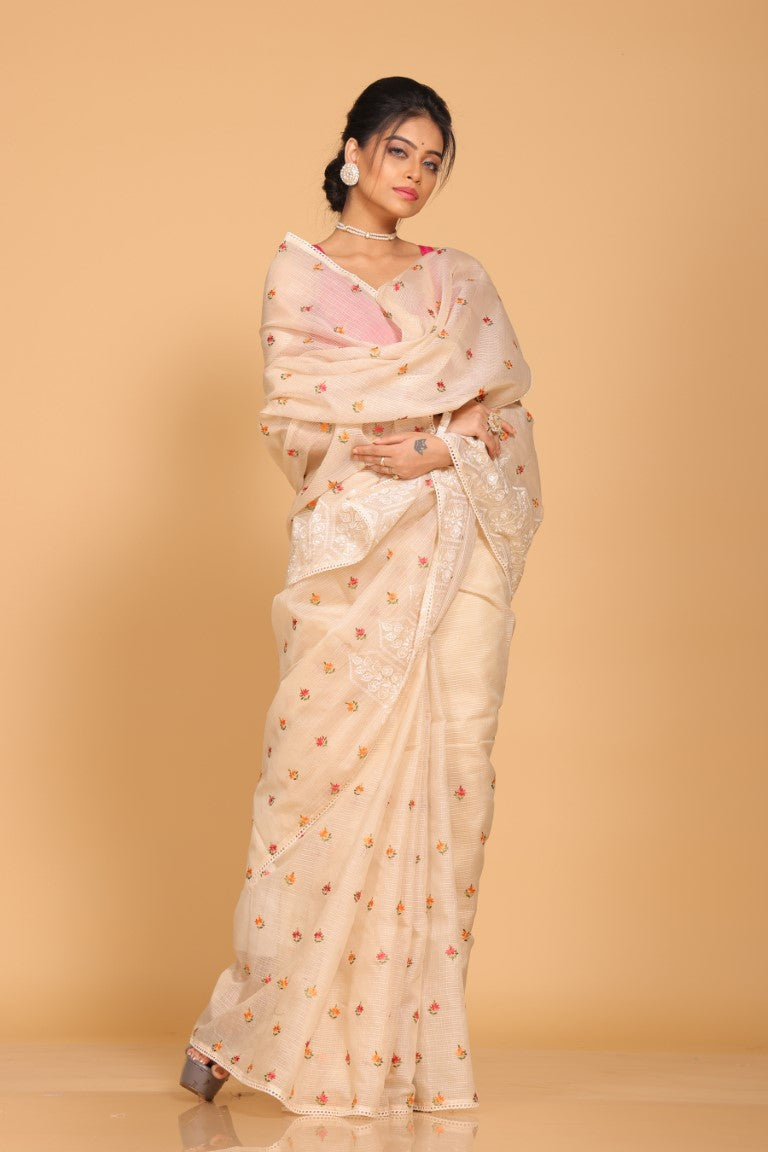 Morchari Kota Embroidery Saree - Beige | Grocsy
