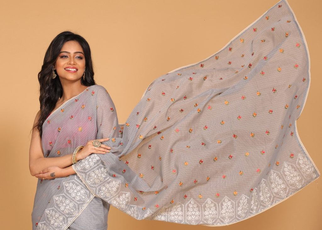 Morchari Kota Embroidery Saree - Grey | Grocsy