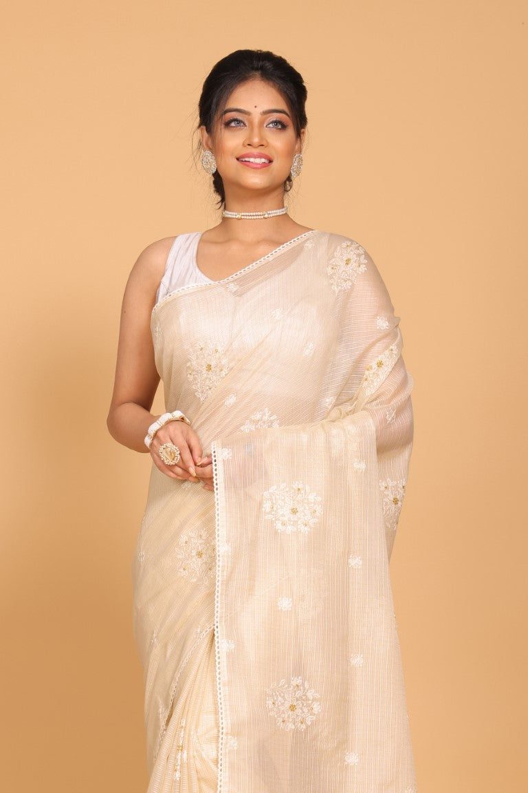 Morchari Kota Embroidery Saree - Beige | Grocsy