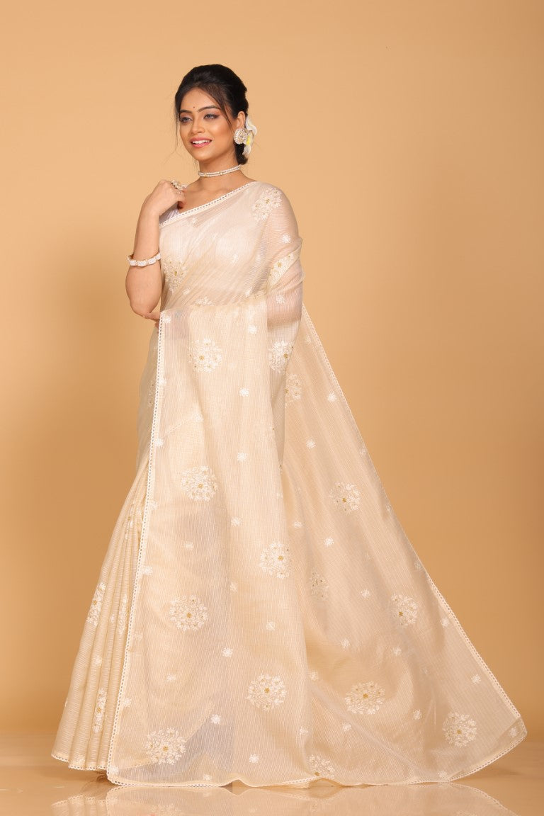 Morchari Kota Embroidery Saree - Beige | Grocsy