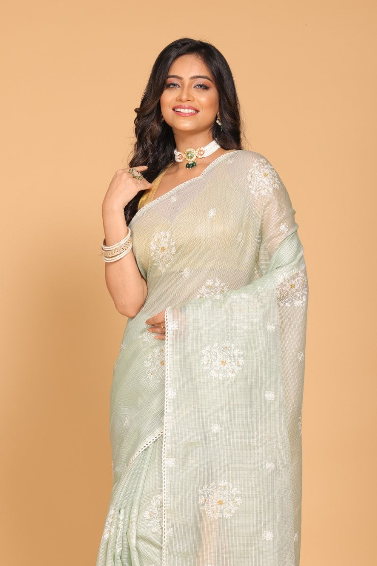 Morchari Kota Embroidery Saree - Green | Grocsy