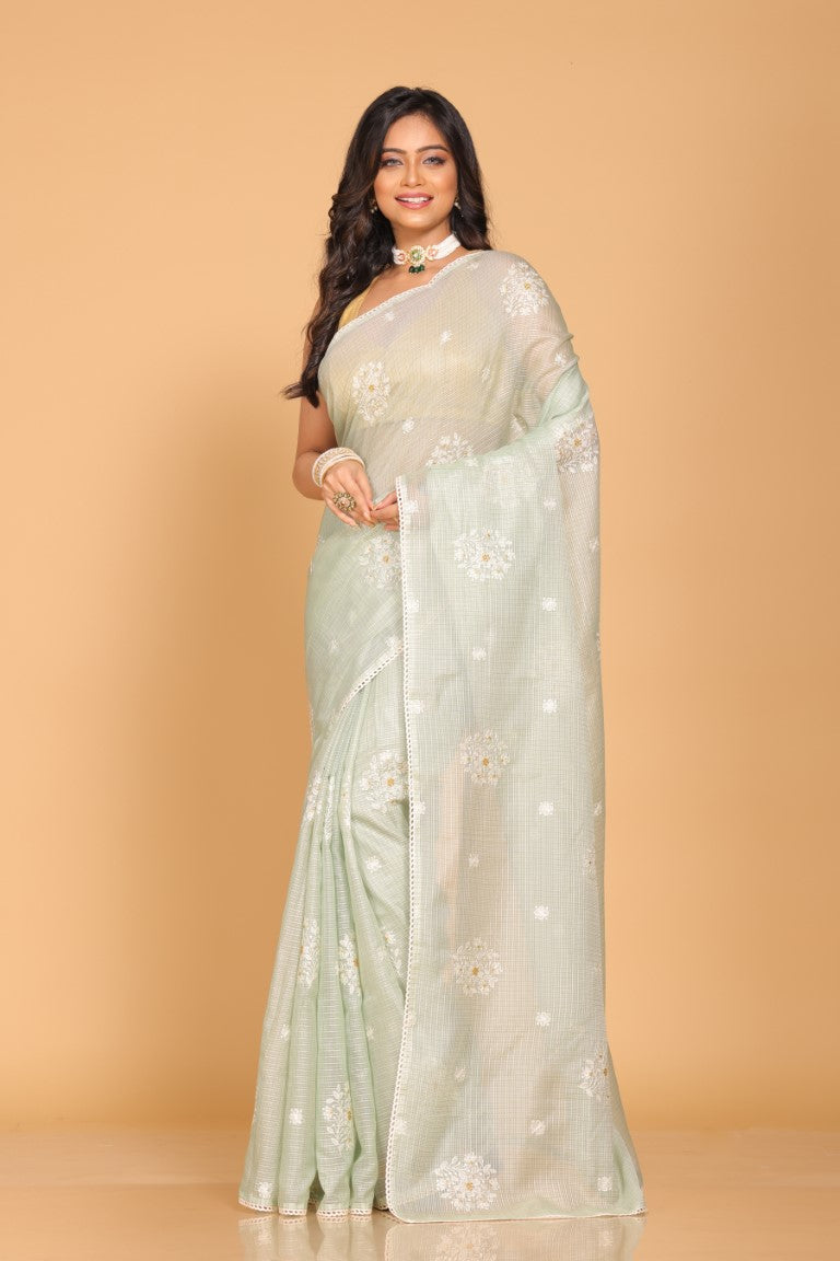 Morchari Kota Embroidery Saree - Green | Grocsy