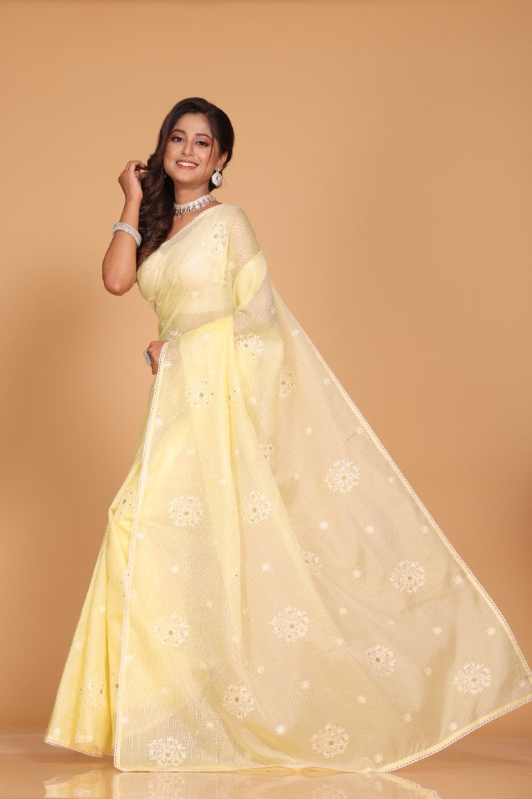 Morchari Kota Embroidery Saree - Yellow | Grocsy