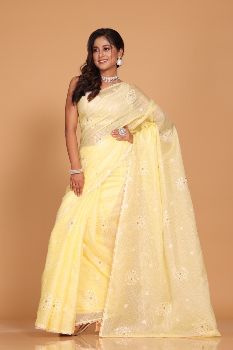 Morchari Kota Embroidery Saree - Yellow | Grocsy