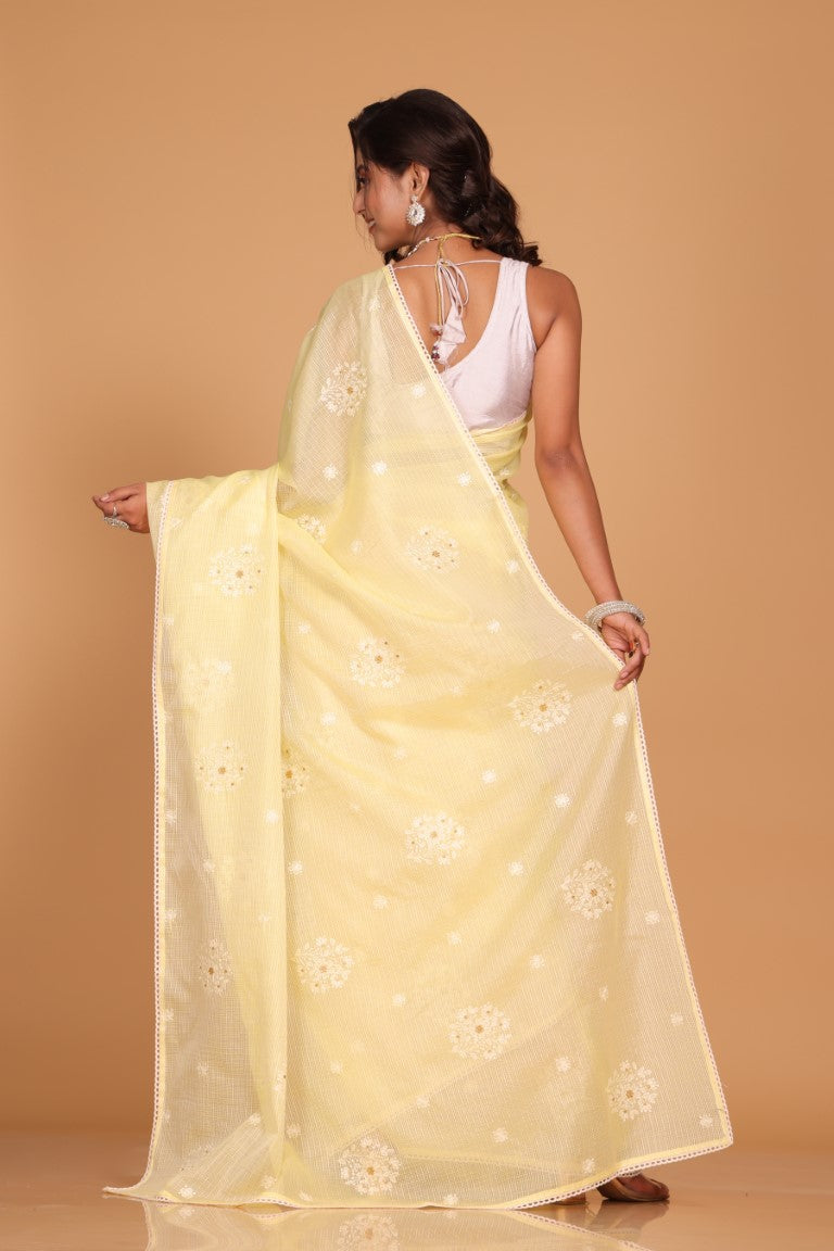 Morchari Kota Embroidery Saree - Yellow | Grocsy