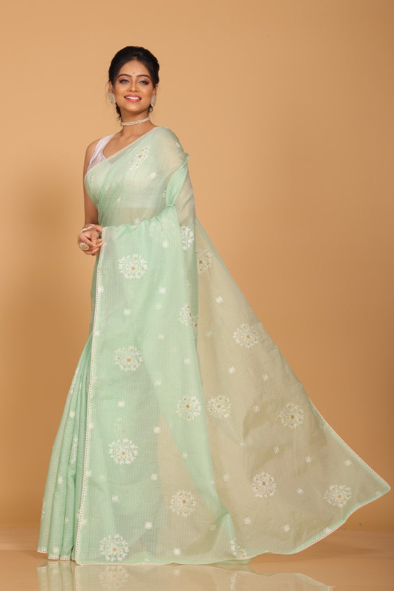 Morchari Kota Embroidery Saree - Lime Green | Grocsy