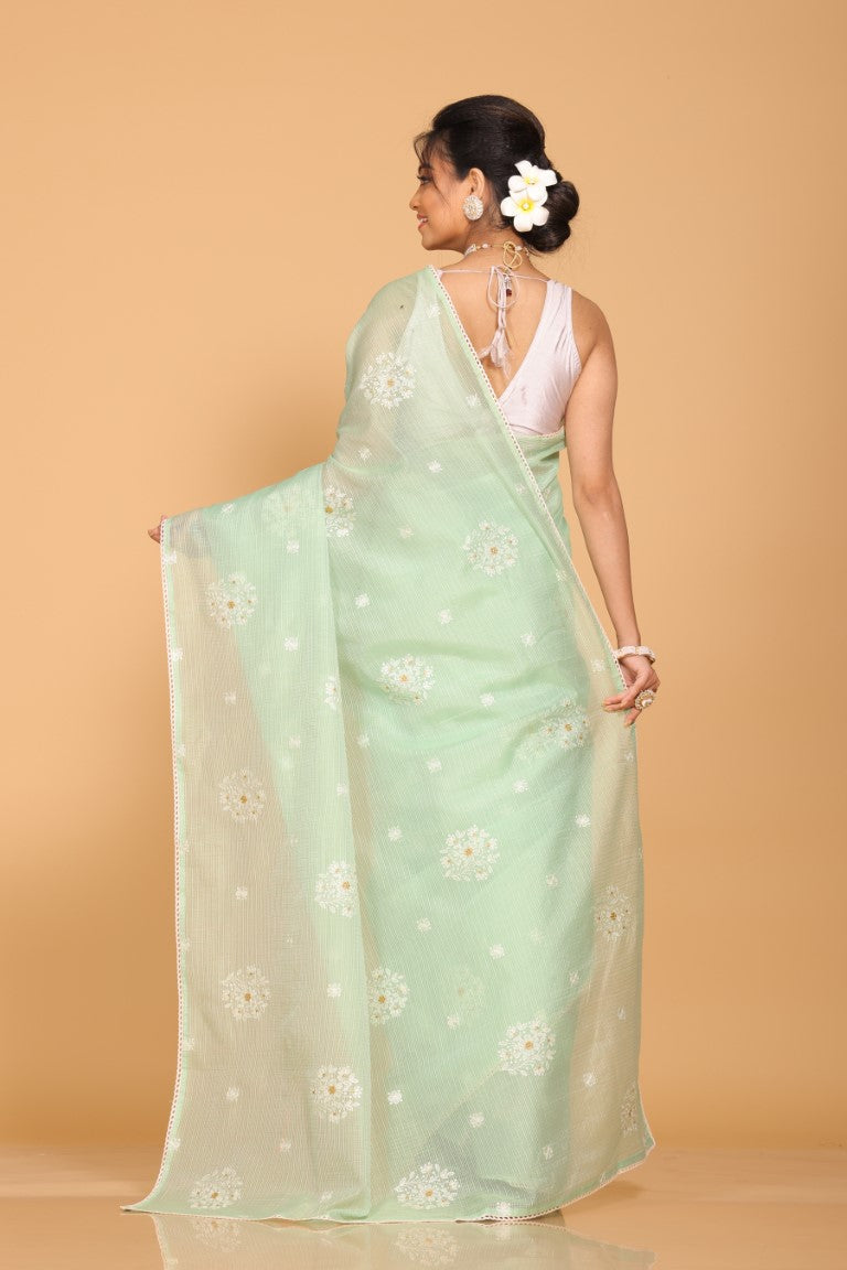 Morchari Kota Embroidery Saree - Lime Green | Grocsy