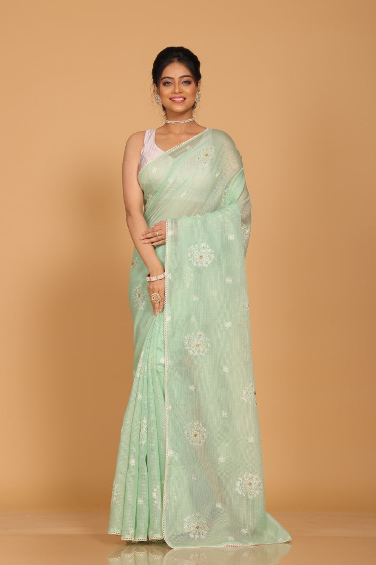 Morchari Kota Embroidery Saree - Lime Green | Grocsy