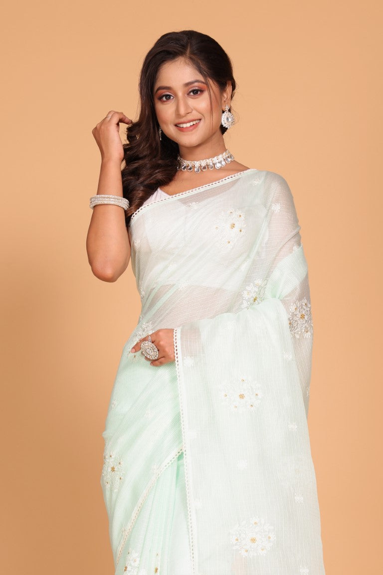 Morchari Kota Embroidery Saree - Sea Green | Grocsy