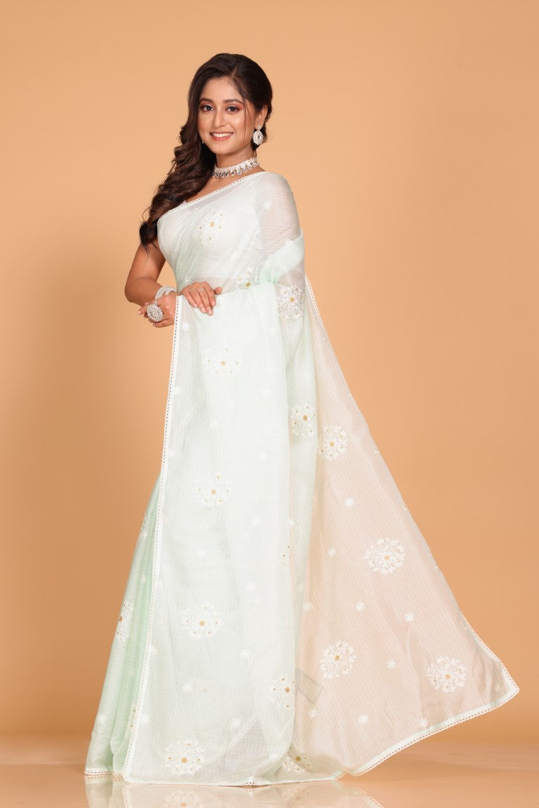 Morchari Kota Embroidery Saree - Sea Green | Grocsy