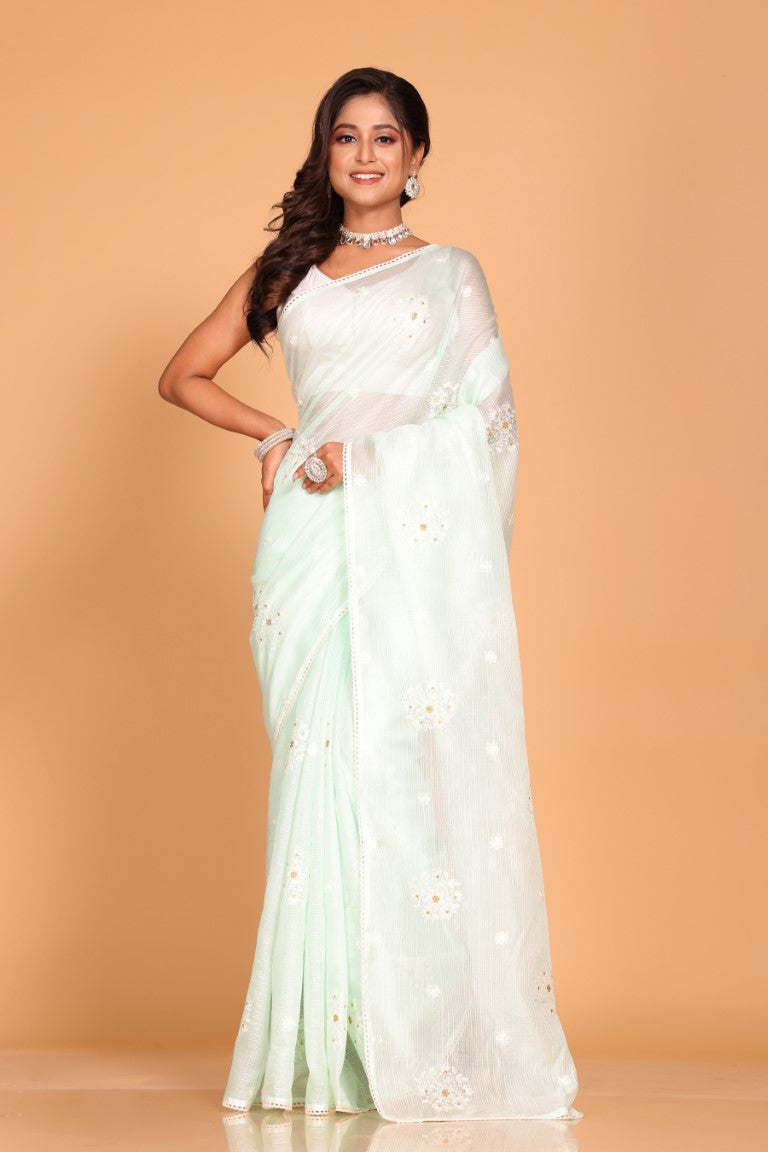 Morchari Kota Embroidery Saree - Sea Green | Grocsy