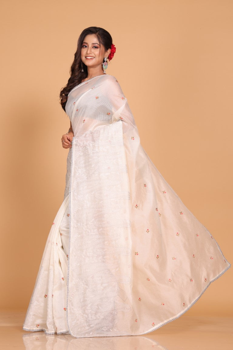 Morchari Supernet Cotton Embroidery Saree - Off White | Grocsy