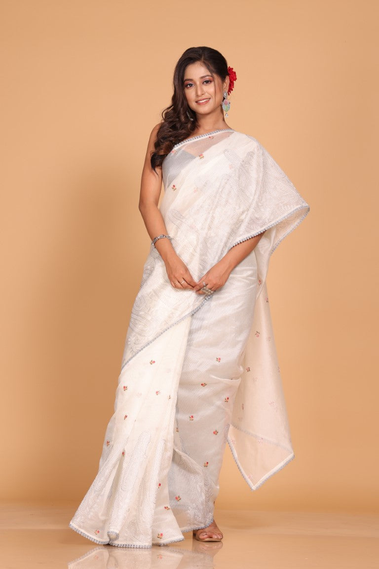 Morchari Supernet Cotton Embroidery Saree - Off White | Grocsy