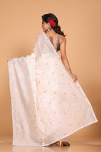 Morchari Supernet Cotton Embroidery Saree - Off White | Grocsy