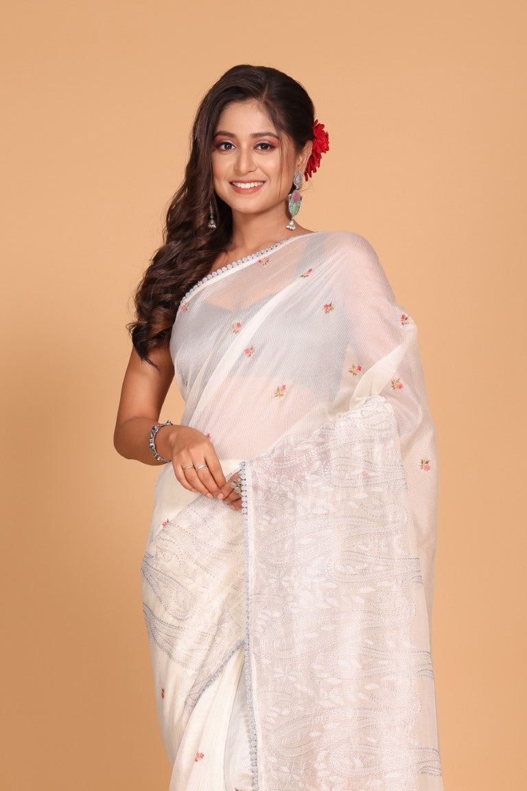 Morchari Supernet Cotton Embroidery Saree - Off White | Grocsy