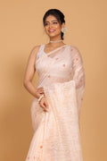 Morchari Cotton Supernet Embroiedery Saree - Light Peach | Grocsy