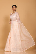 Morchari Cotton Supernet Embroiedery Saree - Light Peach | Grocsy