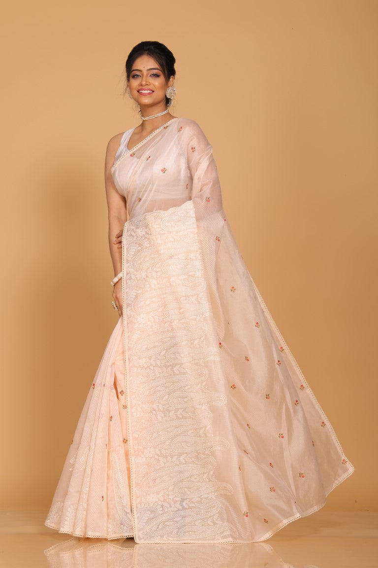 Morchari Cotton Supernet Embroiedery Saree - Light Peach | Grocsy