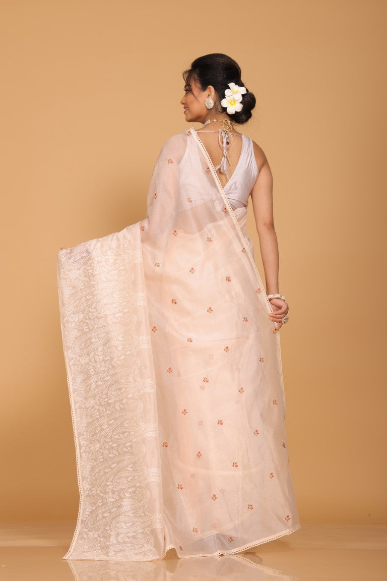 Morchari Cotton Supernet Embroiedery Saree - Light Peach | Grocsy