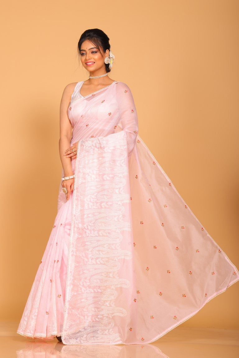 Morchari Cotton Supernet Embroiedery Saree - Light Pink | Grocsy