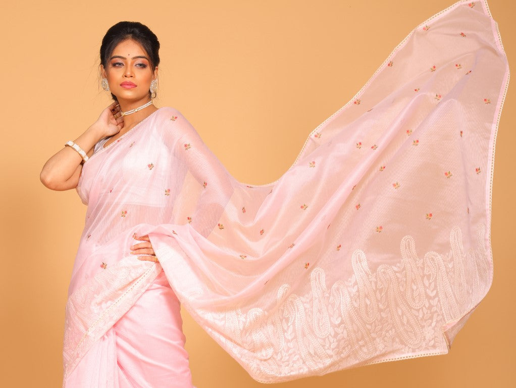 Morchari Cotton Supernet Embroiedery Saree - Light Pink | Grocsy