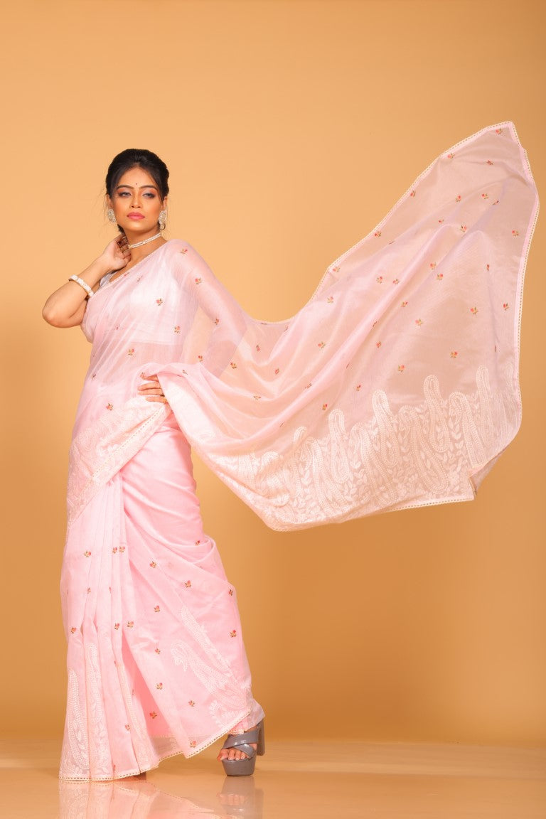 Morchari Cotton Supernet Embroiedery Saree - Light Pink | Grocsy